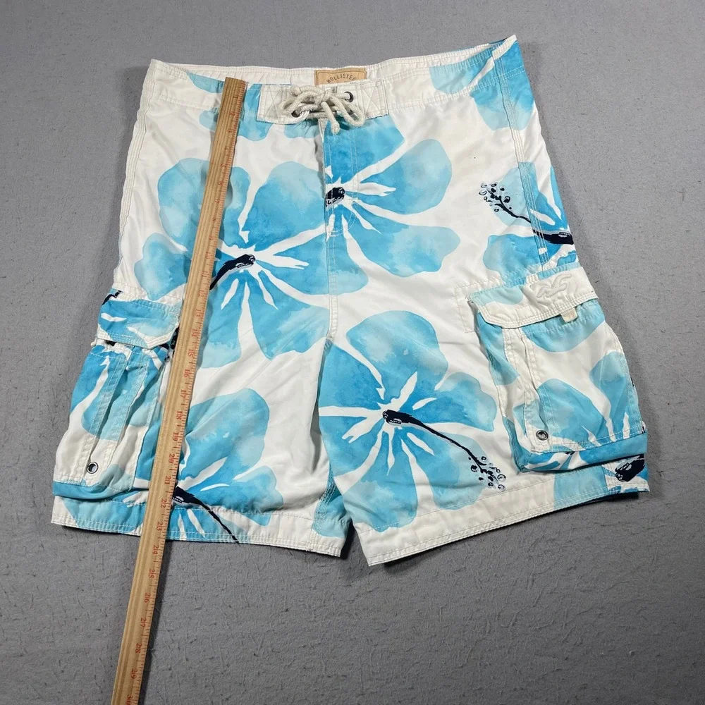VTG Hollister Swim‎ Trunks Men XL Blue Floral Hawaiian Board Shorts Pockets Y2K